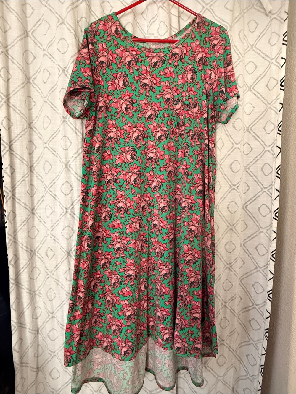 LuLaRoe Carly Dress in Green with pink roses print.